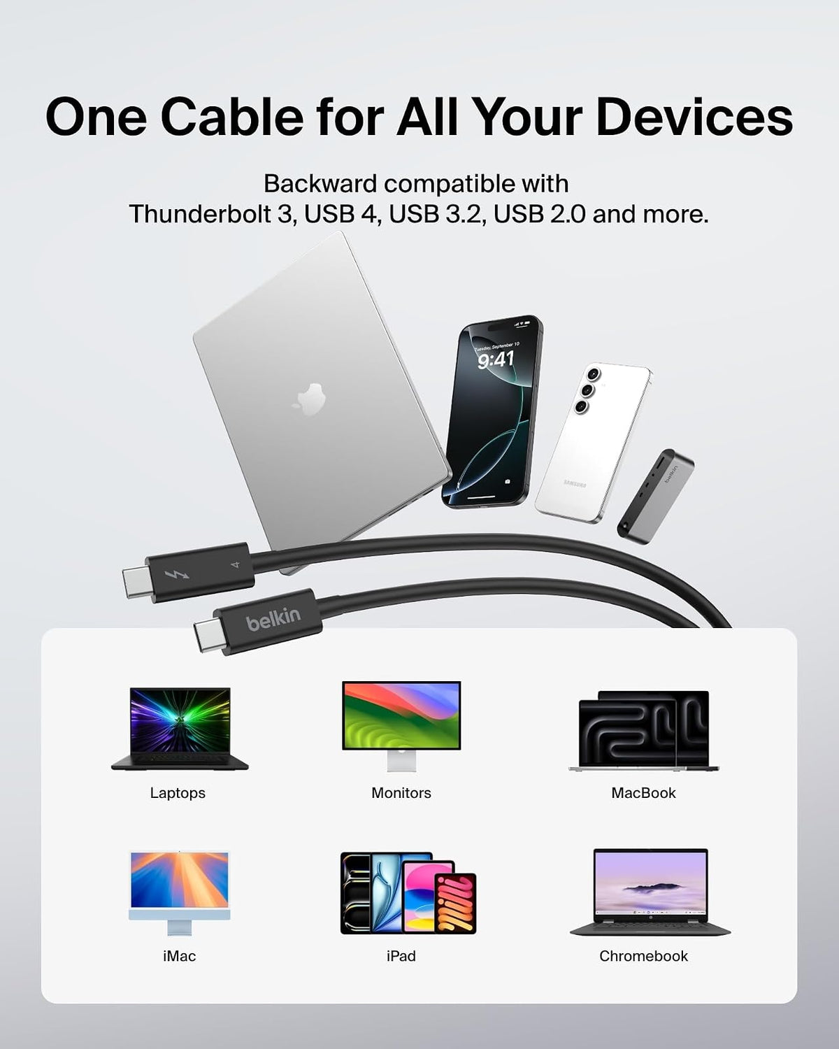 Belkin Cable Thunderbolt 4 Certificado | 1M (3.3FT), USB-C, 100W PD, USB 4, TB4/TB3 Compatible
