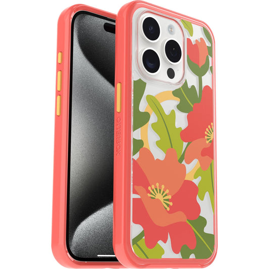 OtterBox - Funda Transparente para iPhone 15 Pro (Solo en inglés) Symmetry Series – Popolas Acolchadas (Rojo), se Ajusta a MagSafe, Bordes Ultra Elegantes y elevados Que protegen la cámara y la