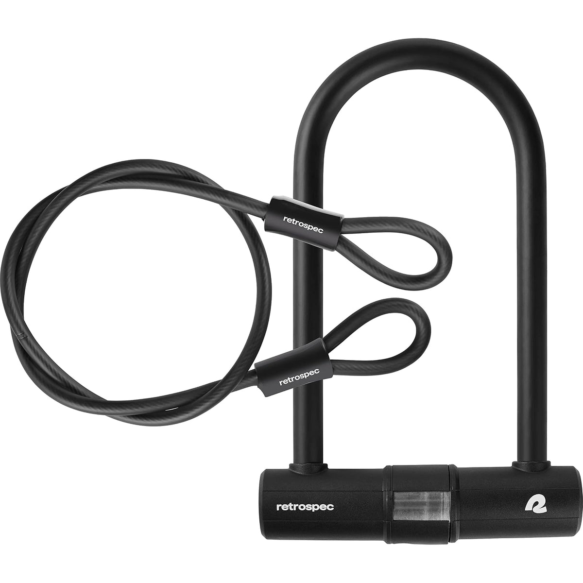 Retrospec Lookout - Candado para bicicleta con bloqueo en U de acero endurecido de 14 mm y cable de seguridad de 4 pies, protección antirrobo para bicicletas de montaña y bicicletas eléctricas - Mate negro - Cable + cerradura + soporte