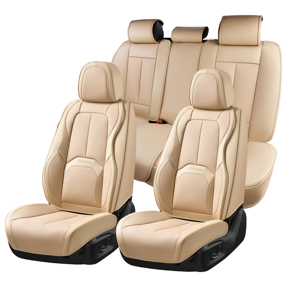 Coverado Juego Completo de Fundas de Asiento de Piel Napa Beige, Impermeables con Soporte Lumbar, Ajuste Universal - beige (A-Beige) - Fullset