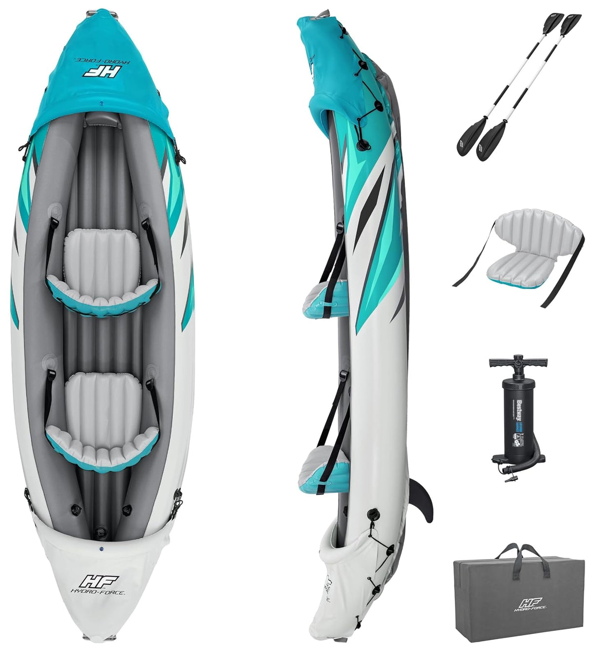Bestway Hydro-Force - Juego de Kayak Inflable Rapid Elite para 2 Personas | Incluye Kayak, 2 paletas de Aluminio, Bomba de Mano, 2 Aletas y Bolsa de Transporte