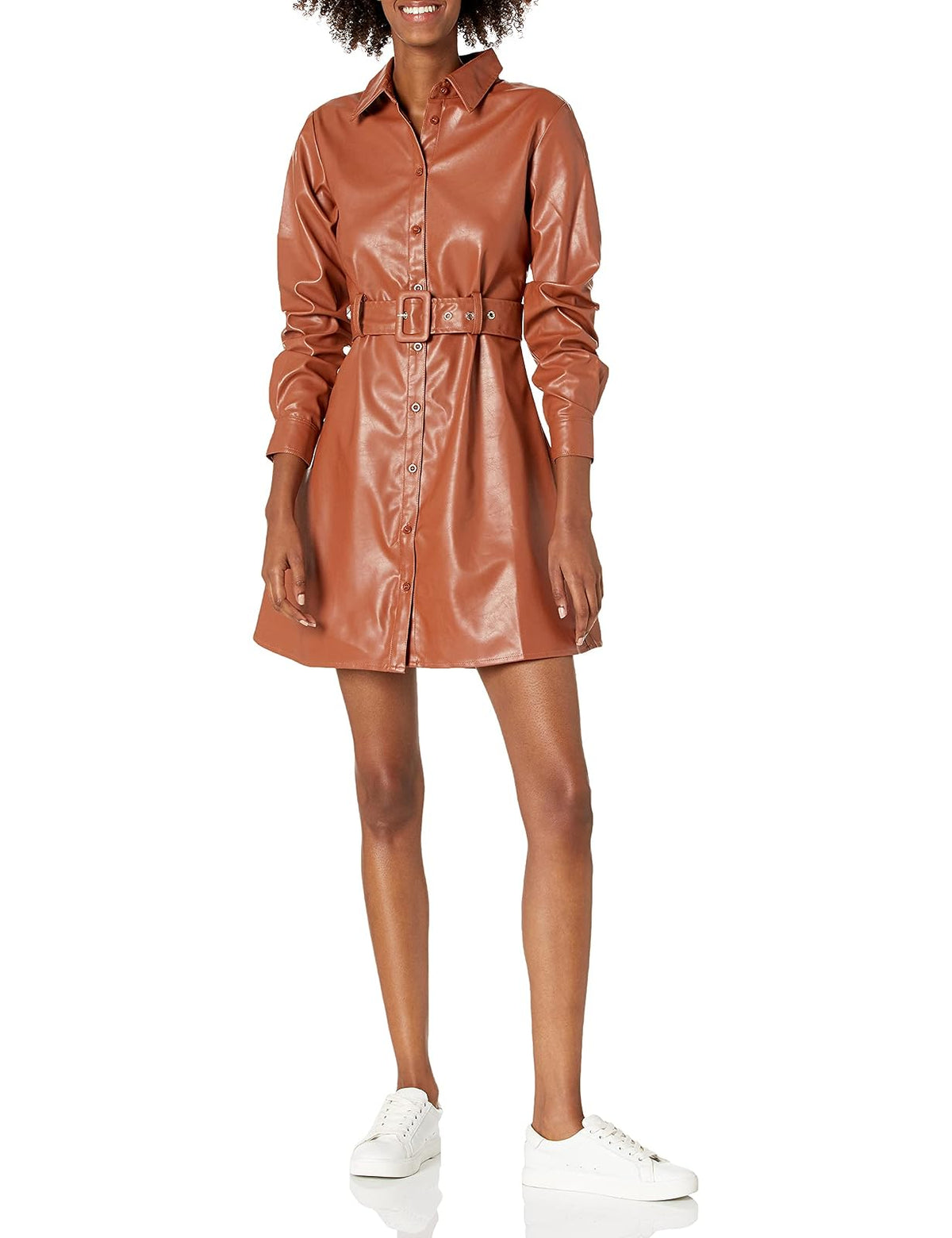Kendall + Kylie Vestido grande con botones y cinturón para mujer, Coñac, 4-6