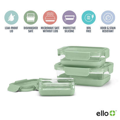 Ello Duraglass - Juego de 6 unidades, paquete de 3 unidades, recipiente de vidrio para almacenamiento de alimentos con funda de silicona y tapas de plástico herméticas sin BPA, apto para lavaplatos