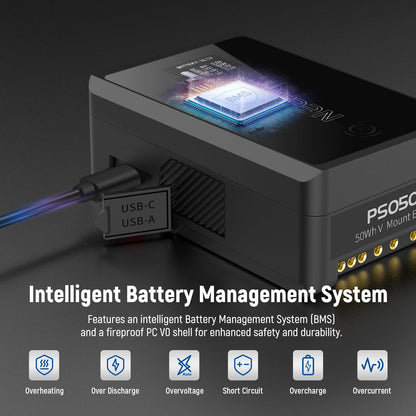 NEEWER Mini V Mount Battery con D Tap/USB C/USB A/BP/Puertos DC Dobles/Pantalla OLED, 3450mAh 50Wh 14.54V V V Lock Batería Soporta 45W PD Carga Rápida para Monitor de Cámara Luz de Video, PS050E