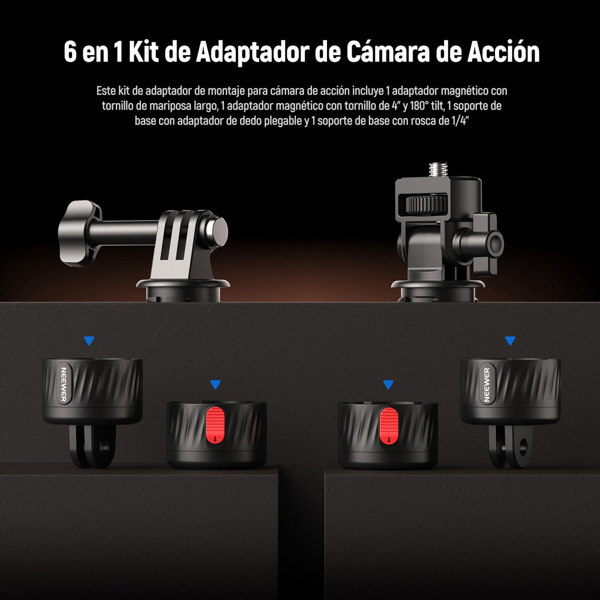 NEEWER Kit de Montaje Magnético para Cámara de Acción, Compatible con GoPro Hero 13 12 11 MAX dji Osmo Action Insta360, Soporte Magnético de Liberación Rápida ABS para Tomas POV, GP-24