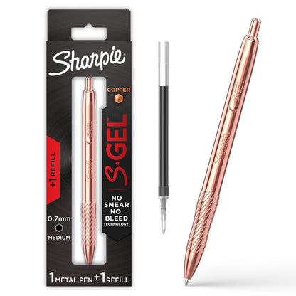 Sharpie S-Gel - Bolígrafo de gel, cuerpo de metal de cobre, punta media (0.7 mm), tinta negra, incluye 1 bolígrafo y 1 recambio de tinta adicional