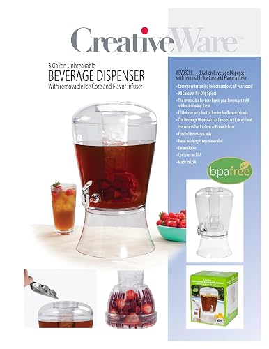 CreativeWare - Dispensador de bebidas (3 galones), No se quiebra, con infusor, Transparente, 1