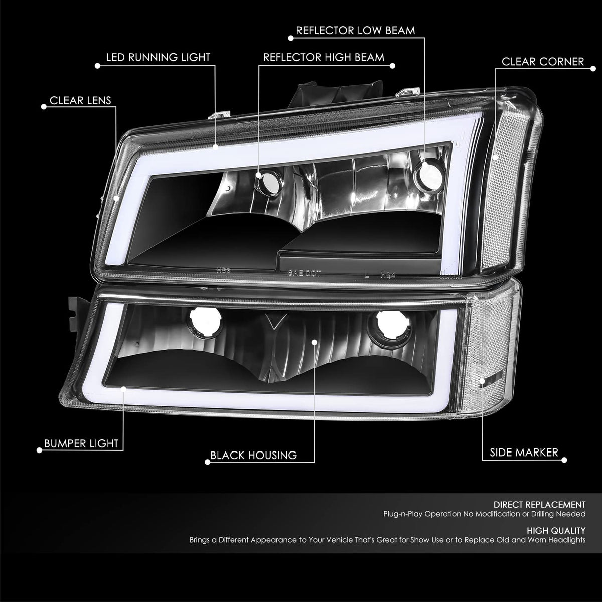 DNA Motoring Par de Faros LED DRL con Señal de Giro para Chevrolet Silverado 2003-2014, Negro/Transparente HL-LB5-CSIL03-BK-CL1