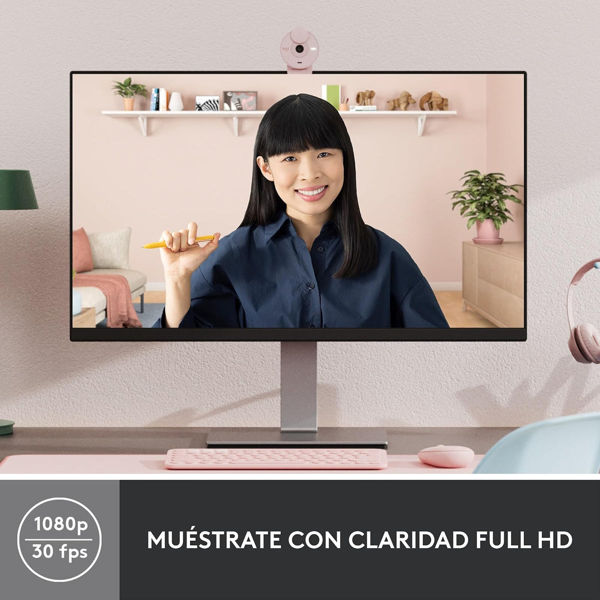 Logitech Brio 300 Cámara Web HD con Obturador de privacidad, Mic con reducción de Ruido, USB-C, Certificado para Zoom, Microsoft Teams, Google Meet, corrección automática de luz - Rosa