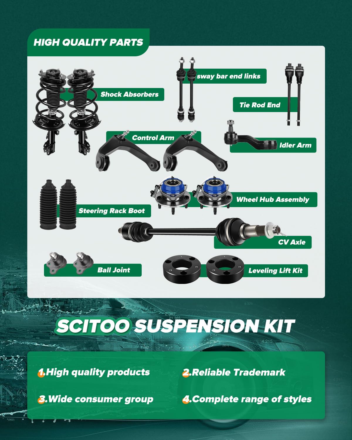 SCITOO Juego de 10 Piezas de Suspension para Toyota Corolla 2009-2013, Brazo de Control Inferior y Rotula, 843753