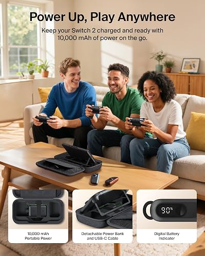 Belkin Nintendo Switch 2 Funda con Cargador de Banco de energía Integrado de 10.000 mAh, Funda Protectora portátil con Bolsillos para AirTag, Cartuchos de Juego para Viajes, Color carbón