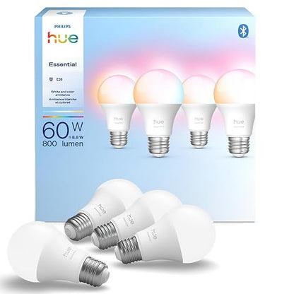 Philips Hue Kit de 4 Focos inteligentes con luz multicolor | Ambiente blanco y de color, E26, 7.2W, 2200K-6500K, 800 lúmenes, regulable, funciona con Alexa, Google Assistant, Apple Home