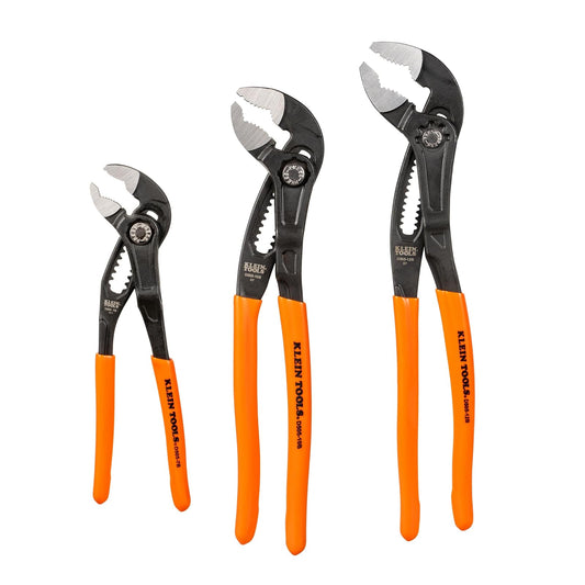 Klein Tools D5053BKIT Juego de 3 alicates de bomba de ajuste rápido, 7 pulgadas, 10 pulgadas y 12 pulgadas, diseño compacto con mordaza en V y dientes endurecidos para un par máximo