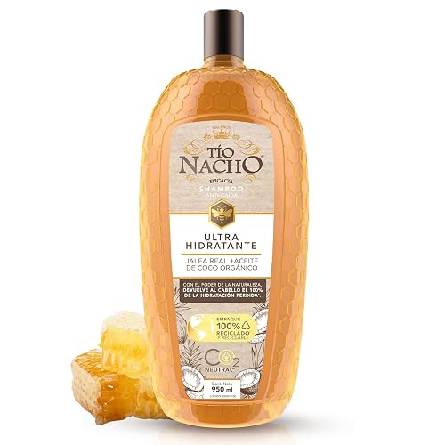 TIO NACHO - Shampoo Ultra Hidratante. Devuelve al cabello el 100% de hidratación, con jalea real y aceite de coco orgánico. Empaque 100% reciclado, botella con 950ml
