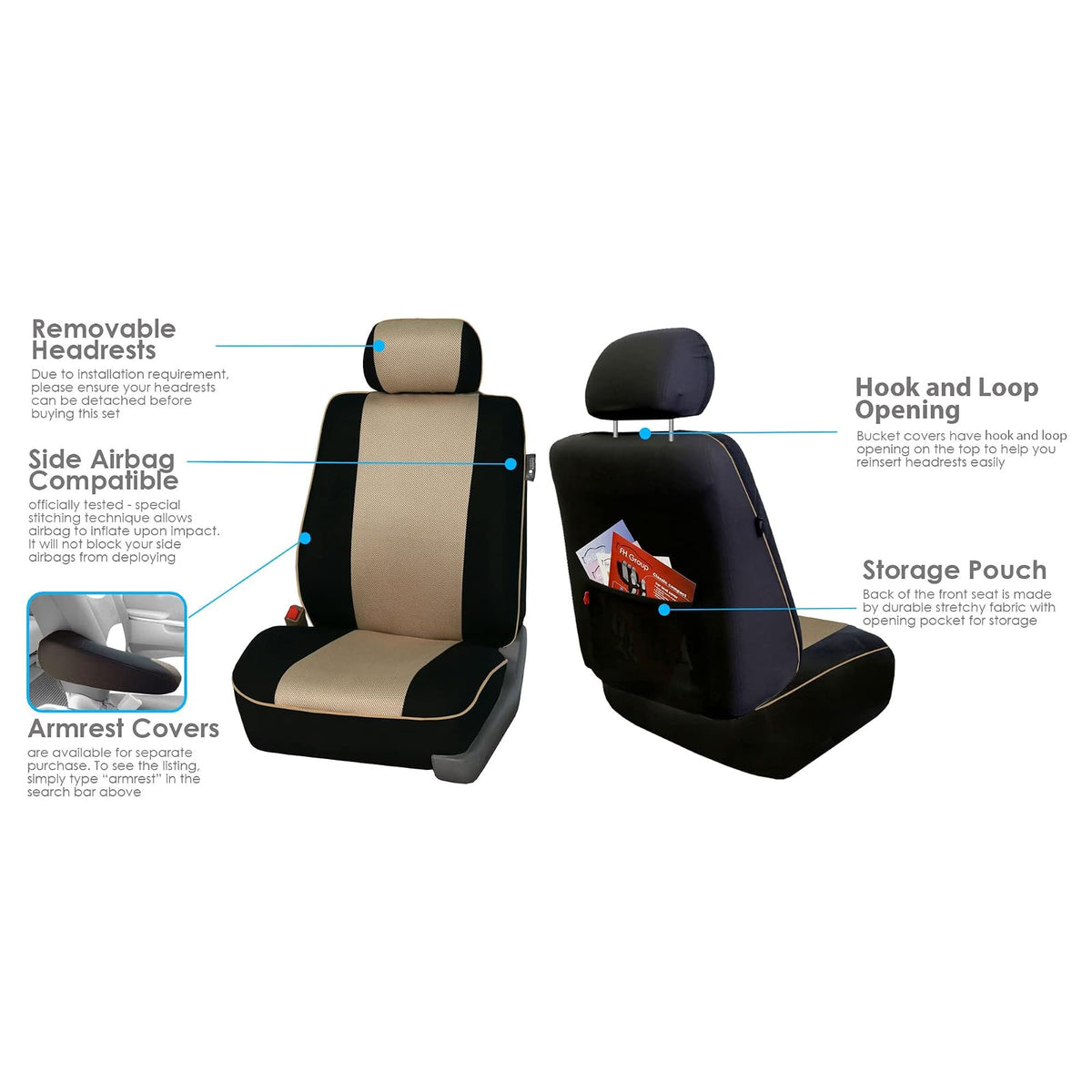FH GROUP FH-FB063128 Three Row Cloth Car Seat Covers with Piping Airbag & Split Ready Beige/Black- Fit Most Car, Truck, SUV, or Van