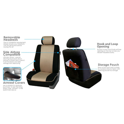 FH GROUP FH-FB063128 Three Row Cloth Car Seat Covers with Piping Airbag & Split Ready Beige/Black- Fit Most Car, Truck, SUV, or Van