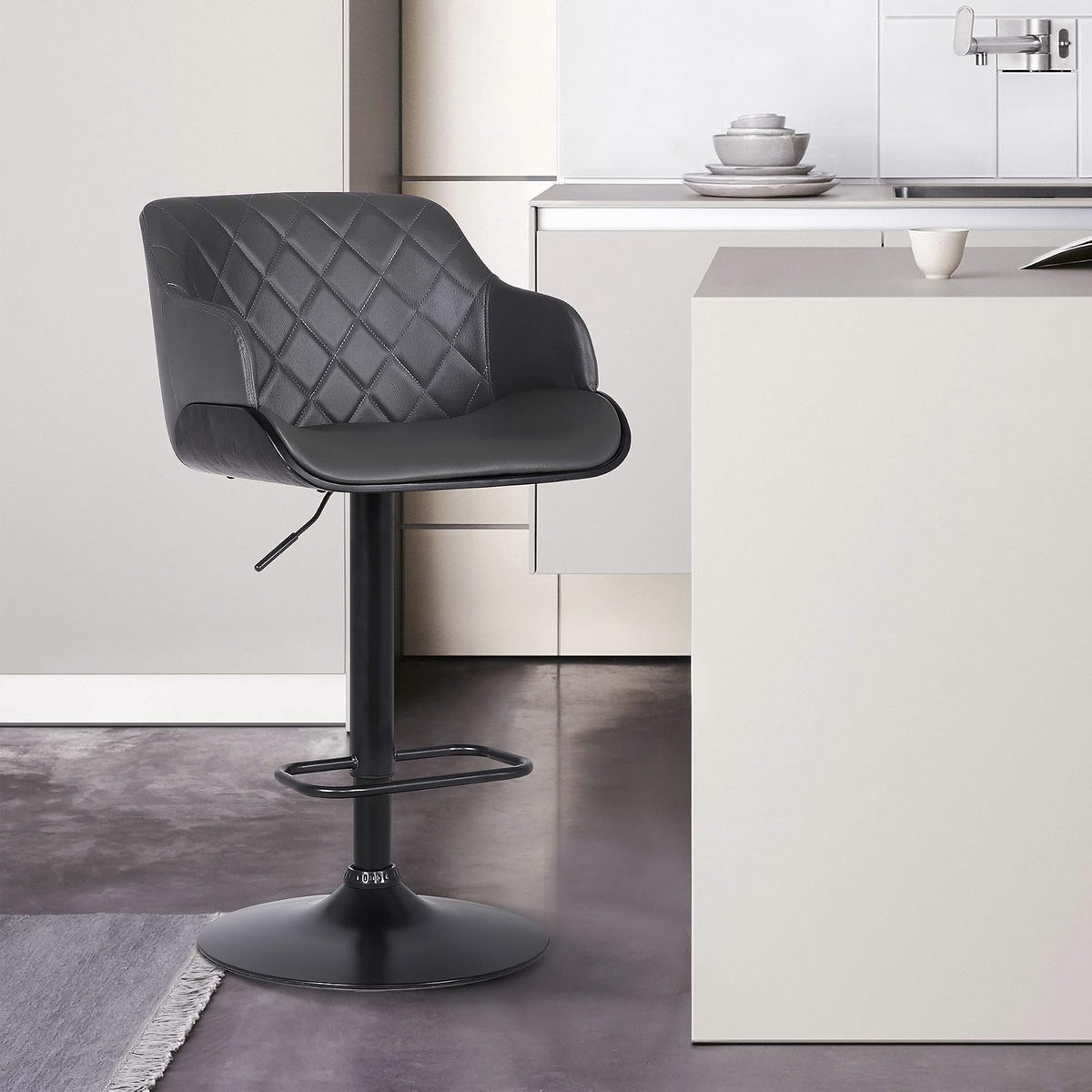 Armen Living LCTOSWBAWABL Toby Taburete Giratorio de Piel sintética, Ajustable, Negro, Cromo, Nogal