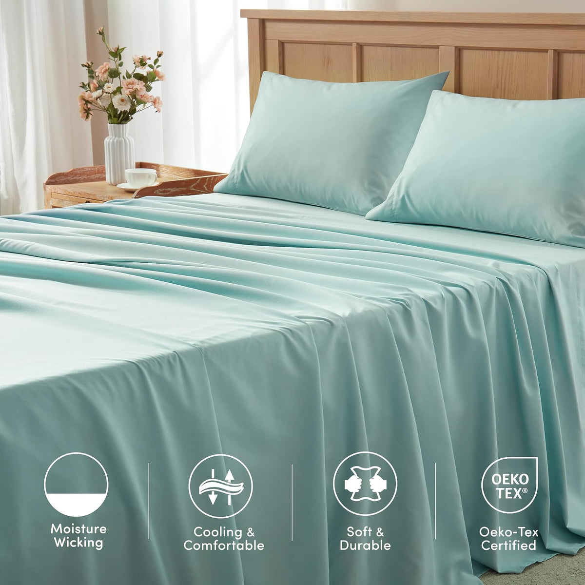 Comfort Spaces Juego de Sábanas Coolmax | King, Aqua, 4 piezas, absorbe humedad, bolsillo profundo 14 pulgadas, resistente a decoloración