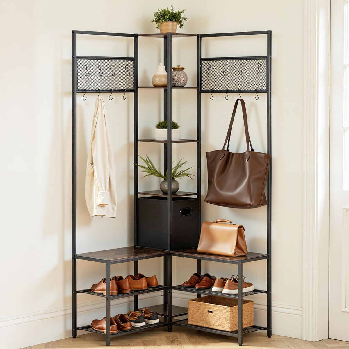 VEVOR Perchero de Esquina 180 cm, Organizador de Ropa con Ganchos Banco Zapatero y Estantes para Abrigos Bolsos Calzado, Armario Abierto para Entrada Pasillos Dormitorio Salón, Marrón Rústico y Negro