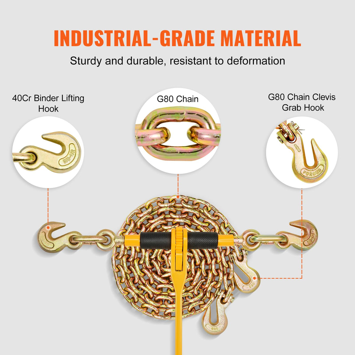 VEVOR - Kit de Cadena y Carpeta de 3/8"-1/2", Carpetas de Carga de carraca de 9000 Libras, límite de Carga de Trabajo, Cadenas G80 de 3/8" x 10' con Ganchos de Agarre, Carpetas de carraca y Cadenas
