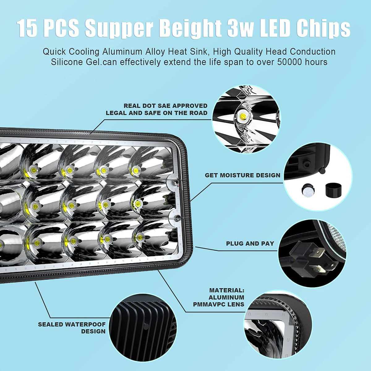 Lpteso RO-YY-4X6-4PCS-BL 4 Faros LED 4x6 in Haz Alto/Bajo con Halo Azul para Peterbilt Kenworth