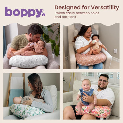 Boppy Almohada de Lactancia – Almohada ergonómica con biberón y Lactancia Materna con Alta y Firme, Gran área, cojín Repelente al Agua con Funda Lavable; Baby Safety Alliance Verified – Flores de