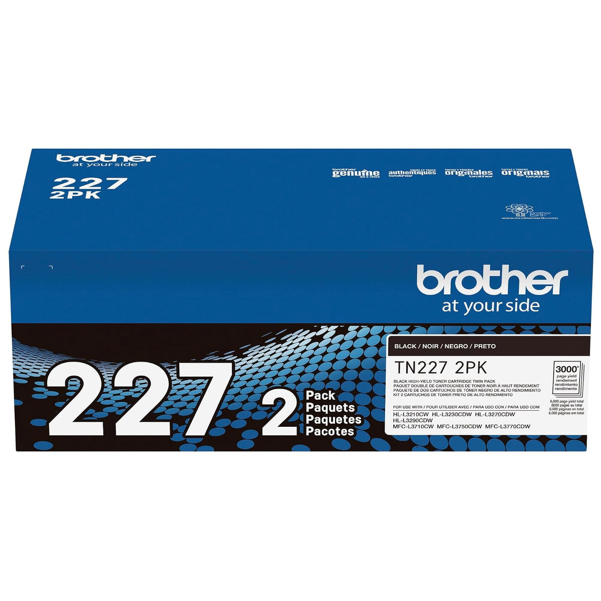 Brother TN227 - Cartucho de tóner Negro de Alto Rendimiento, Paquete Doble para impresión láser Profesional, 2 Unidades de Rendimiento de 6.000 páginas en Total, Compatible con impresoras HL-L3210CW