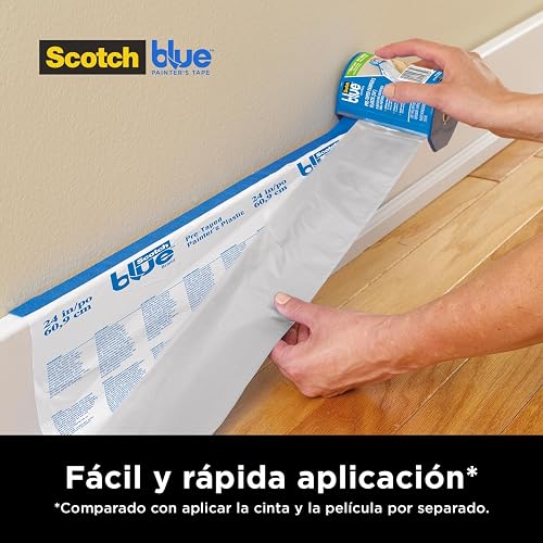 SCOTCH 3M Plástico Pre-Encintado para Pintar, Transparente 1 rollo | Tamaño 60.9 cm x 24.4 m, Protección contra derrames y salpicaduras, Para proyectos de pintura, Sin residuos pegajosos