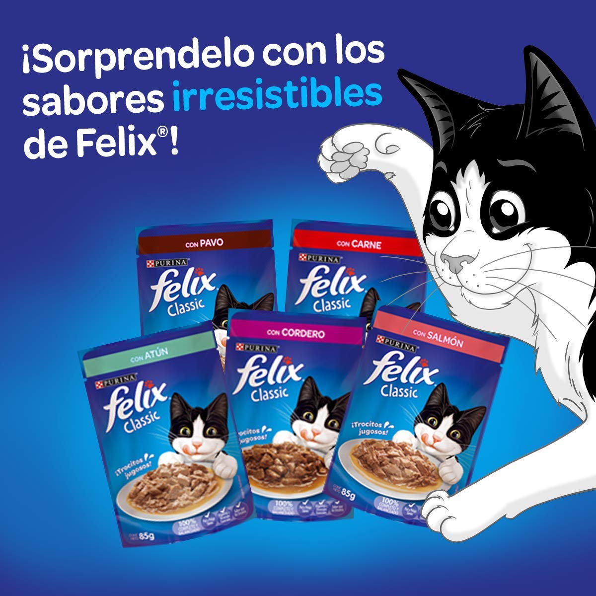 Felix Alimento Húmedo Sabor Atun Salmon y Sardina, Paquete con 24 Pzas de 85g
