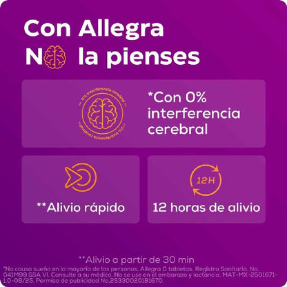 Allegra D antihistamínico para congestión nasal y alergias, 10 tabletas.