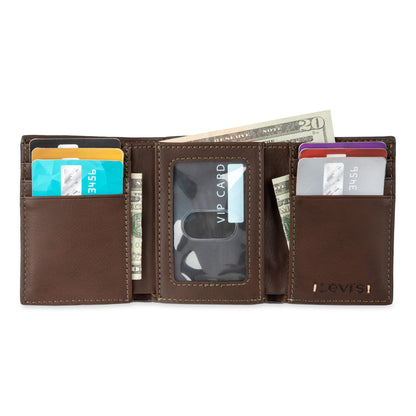 Levi's Men's Trifold Wallet - Sleek and Slim Includes ID Window and Credit Card Holder,Brown Stitch