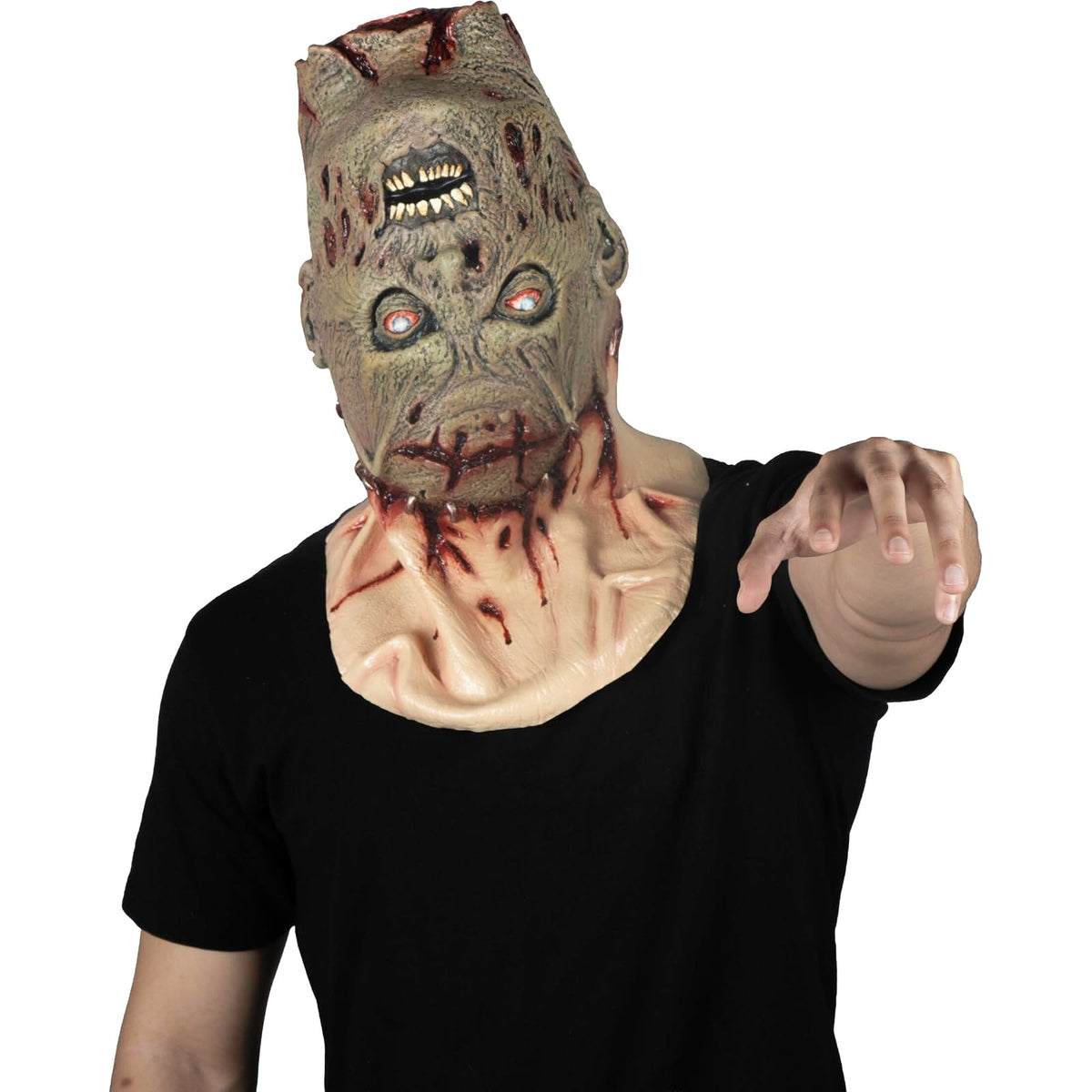 Ghoulish Productions Máscara Zombie Transplanted con Cuello de Látex – Máscara Realista de Muerto Viviente con Detalles de Piel Desgarrada y Heridas Sangrientas – Ideal para Halloween