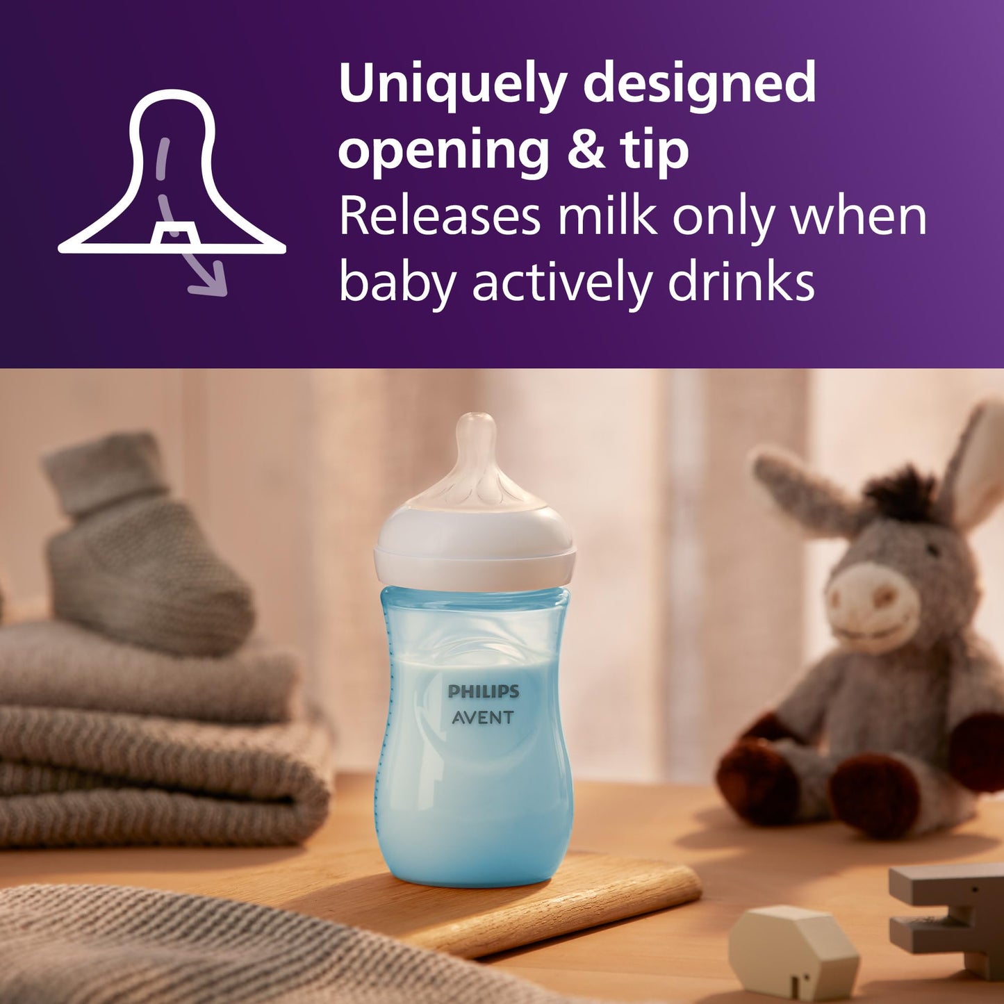 Philips Avent Biberón Natural Response con válvula anticólicos, color azul, 9 oz/260 ml, 1 ml+, Flujo 3 Medio. 4 piezas, SCY903/24