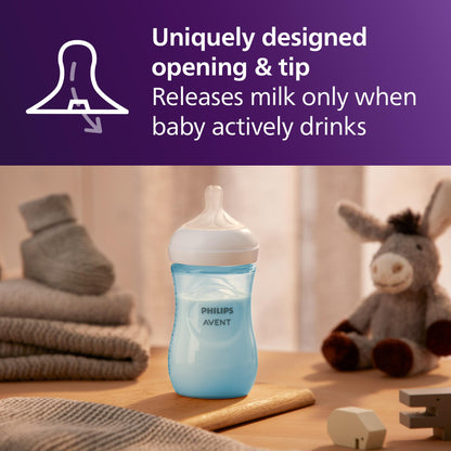 Philips Avent Biberón Natural Response con válvula anticólicos, color azul, 9 oz/260 ml, 1 ml+, Flujo 3 Medio. 4 piezas, SCY903/24