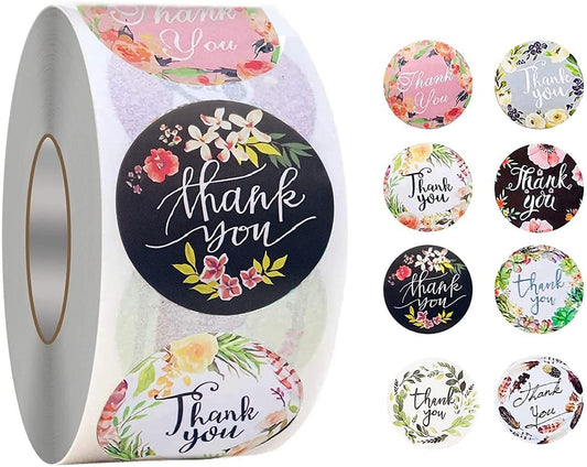 500 Pegatinas de Agradecimiento de 1 Pulgadas, 8 Diseños Florales de Etiquetas Adhesivas de Agradecimiento para Tarjetas de Felicitación, Calcomanías de Agradecimiento para Negocios, Redondas