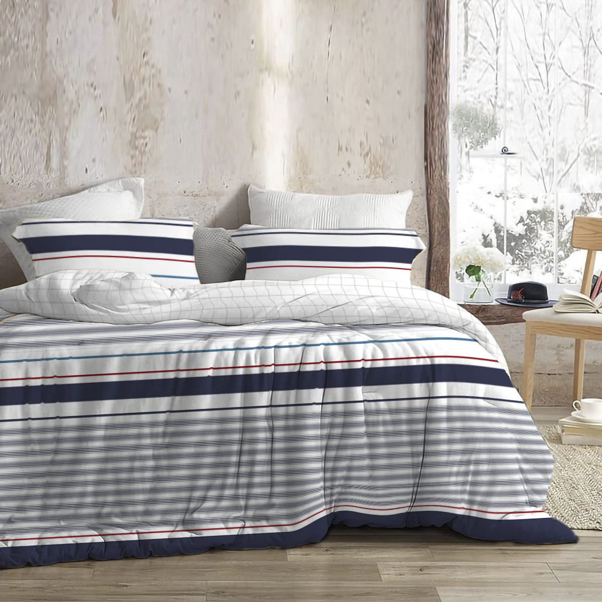 POLO ONE BY INBED Edredón Azules, Grises y Blancos 3 Piezas + Cojín, Diseño Julek Matrimonial