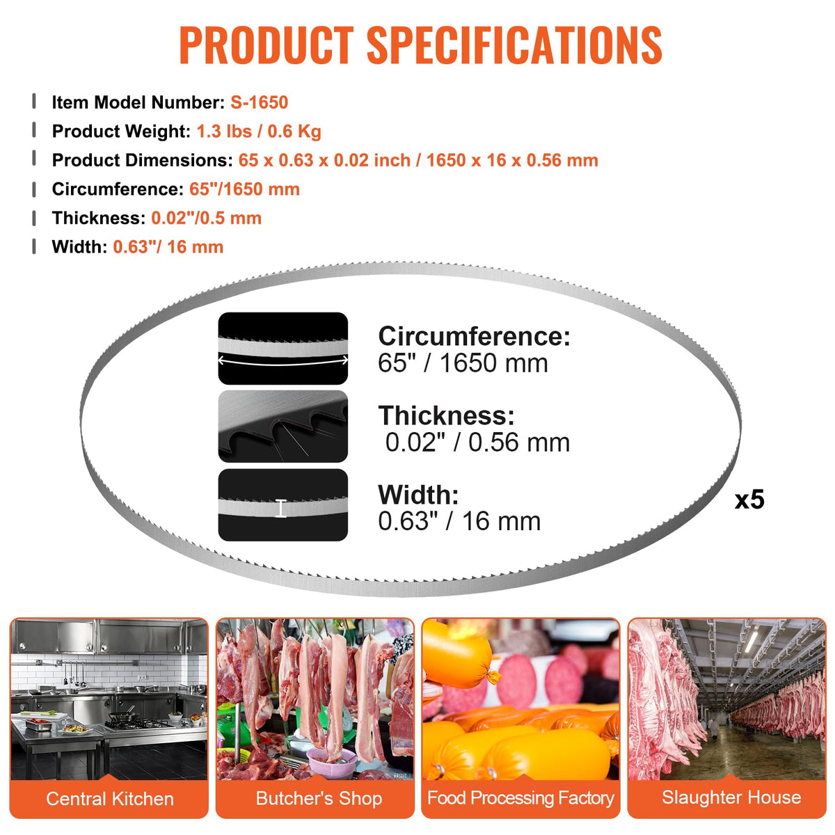 VEVOR Hojas de Sierra de Cinta 1650x16x0,56 mm Hojas de sierra para Huesos de Acero al Carbono 5 Piezas Accesorio de Repuesto de Dientes Afilados para Sierra de Carnicero para Cortar Carne Congelada