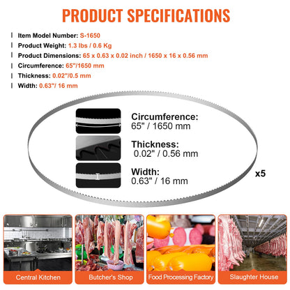 VEVOR Hojas de Sierra de Cinta 1650x16x0,56 mm Hojas de sierra para Huesos de Acero al Carbono 5 Piezas Accesorio de Repuesto de Dientes Afilados para Sierra de Carnicero para Cortar Carne Congelada