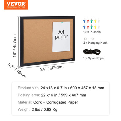VEVOR - Tablero de corcho para paredes, corcho de doble cara de 24 x 18 pulgadas, tablero de anuncios con marco para oficina, hogar y escuela