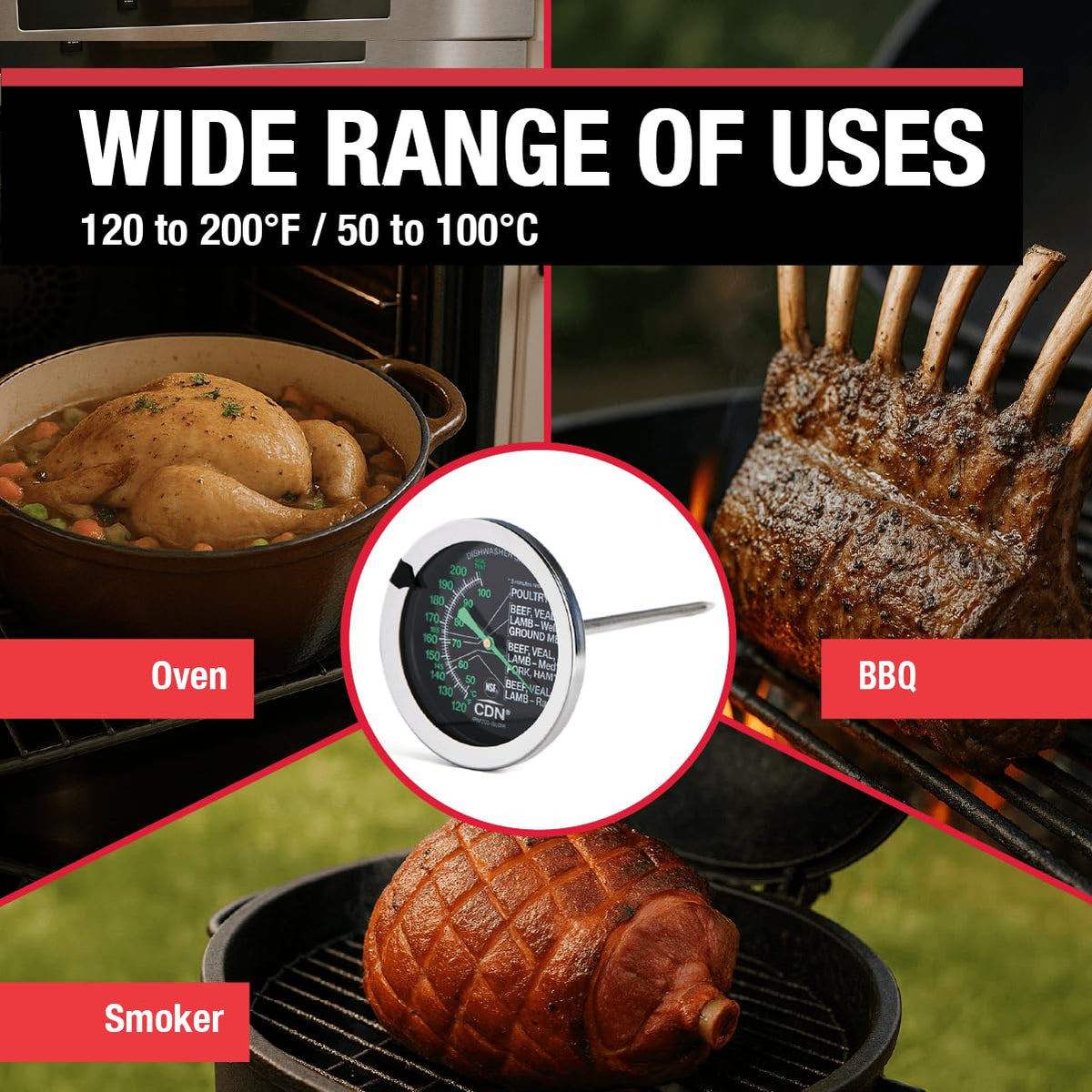 CDN Termómetro de carne a prueba de horno – Esfera brillante | ProAccurate® | Esfera de fácil lectura de 2 pulgadas | Impermeable, recalibrable | Para asar al horno, aves de corral, carne de res