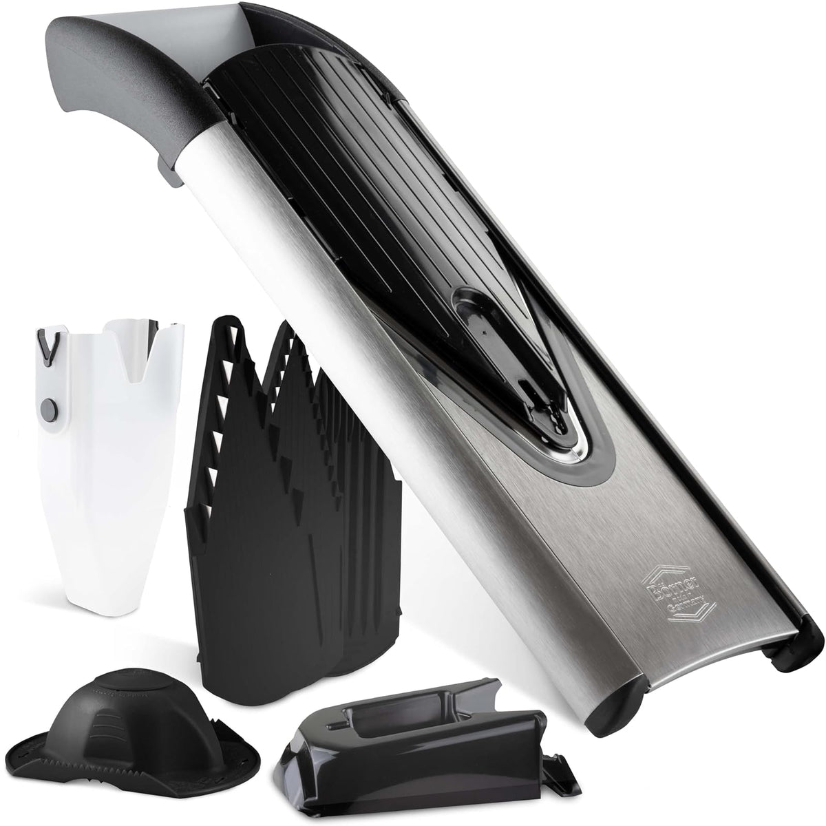 Börner by Reston Lloyd - Cortador de mandolina V6 (juego profesional) - Cortador de acero inoxidable con hoja en V - Cortador de cocina ajustable para verduras y frutas • Varios grosores y rallador