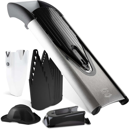 Börner by Reston Lloyd - Cortador de mandolina V6 (juego profesional) - Cortador de acero inoxidable con hoja en V - Cortador de cocina ajustable para verduras y frutas • Varios grosores y rallador