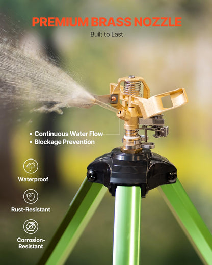 VEVOR Aspersores de Impacto con trípode, Paquete de 2, Cabezal latón 360° | Para céspedes, jardines y patios grandes, dos aspersores trípode de alta resistencia con altura ajustable y amplia cobertura.