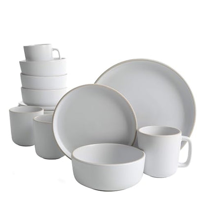 Gibson Home Zuma - Juego de vajilla redonda de cocina de 16 piezas, platos, tazones, tazas, servicio para 4, gres mate, blanco