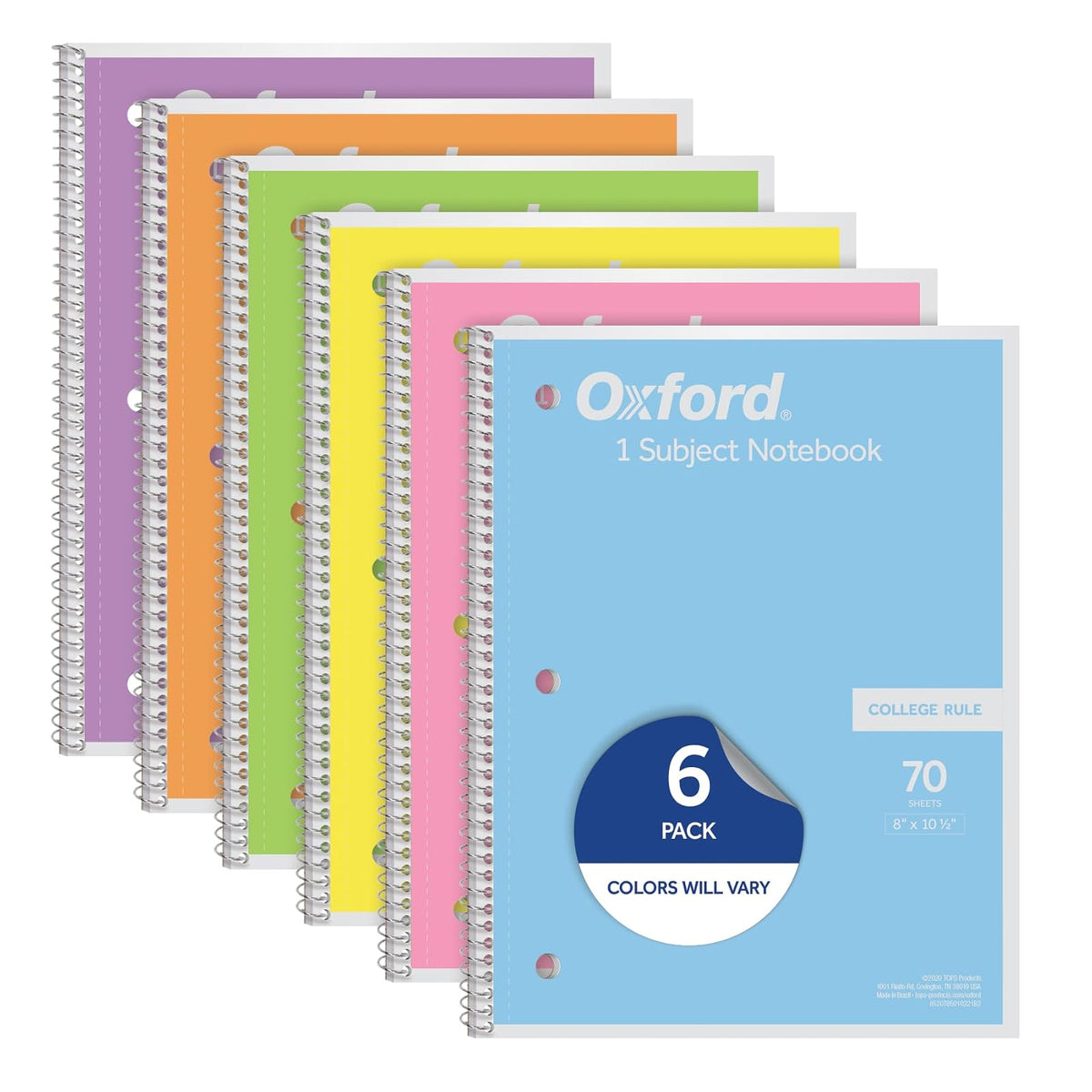 Oxford Cuaderno espiral de 6 unidades, 1 materia, papel de rayas universitarias, 8 x 10-1/2 pulgadas, rosa pastel, naranja, amarillo, verde, azul y morado, 70 hojas (63756)