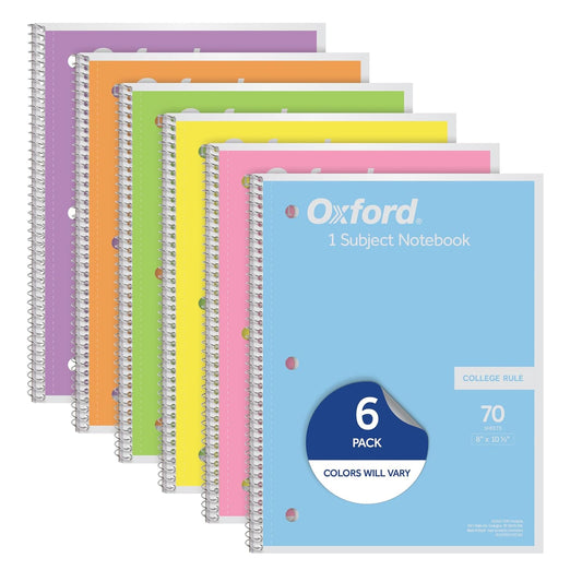Oxford Cuaderno espiral de 6 unidades, 1 materia, papel de rayas universitarias, 8 x 10-1/2 pulgadas, rosa pastel, naranja, amarillo, verde, azul y morado, 70 hojas (63756)