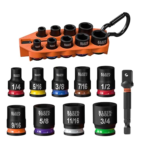 Klein Tools 33809 Grab-And-Go Impact Socket Set, SAE, juego de 10 piezas con manga, mosquetón y unidad de 3/8 pulgadas, codificación por colores de 1/4, 5/16, 3/8, 7/16, 1/2, 9/16, 5/8, 11/16 y 3/4
