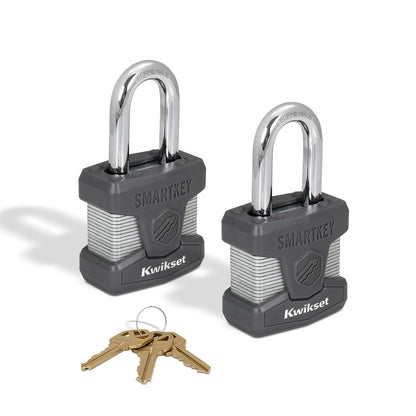 Kwikset SmartKey - Candado de acero laminado con llave con grillete de carburo de boro, puerta exterior y cerradura de almacenamiento, cuerpo de 2 pulgadas, grillete de 1-1/2 pulgadas, paquete de 2