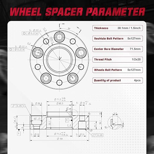 BDFHYK - Espaciadores de Rueda de 5 x 127 mm, espaciadores de 1.5 Pulgadas | Hubcentric 5 separadores de lengüetas, 1/2-20 pernos, orificio de cubeta de 71.5 mm, compatible con Wrangler JK Grand