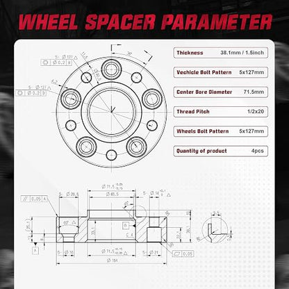 BDFHYK - Espaciadores de Rueda de 5 x 127 mm, espaciadores de 1.5 Pulgadas | Hubcentric 5 separadores de lengüetas, 1/2-20 pernos, orificio de cubeta de 71.5 mm, compatible con Wrangler JK Grand